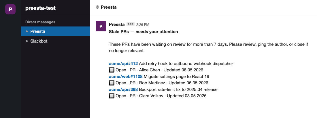 Stale-PR digest in Slack