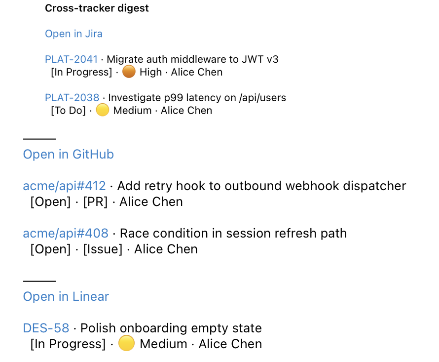Same merged digest delivered via Telegram